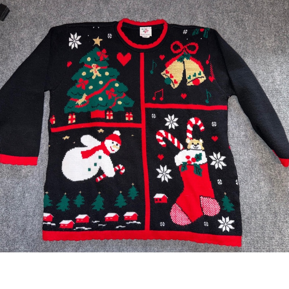Vintage Nutcracker Christmas Sweater Womens 1X Black Lurex Snowman Tree